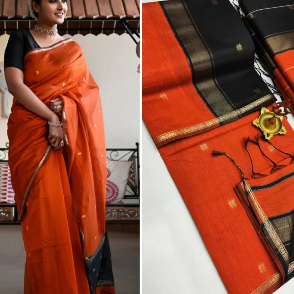 Orange & Black Maheshwari Silk Cotton Saree