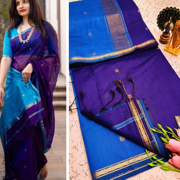 Blue & Violet Maheshwari Silk Cotton Saree