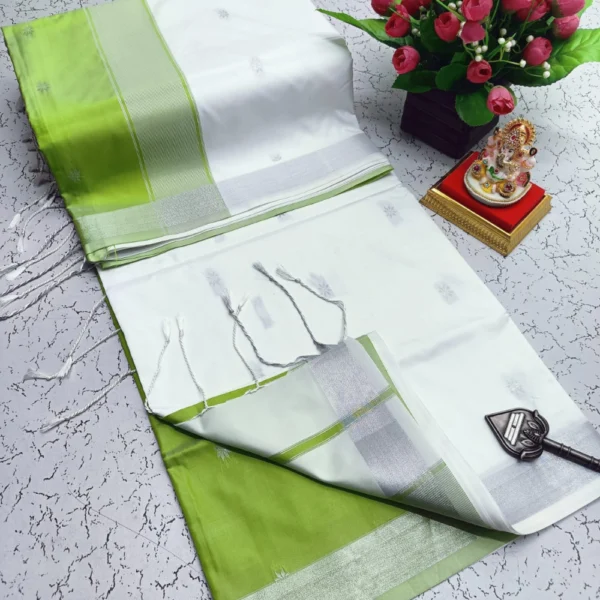 Maheswari Soft Silk Sarees White & Green Colour