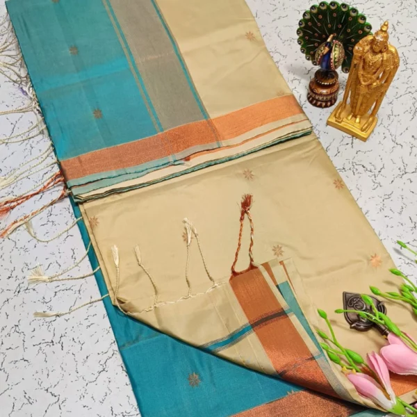 Maheswari Soft Silk Sarees Sandle & Teal Blue Colour