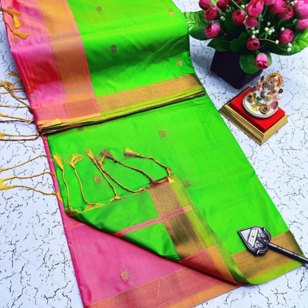 Maheswari Soft Silk Sarees Green & Pink Colour