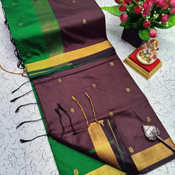 Maheswari Soft Silk Sarees Brown & Green Colour