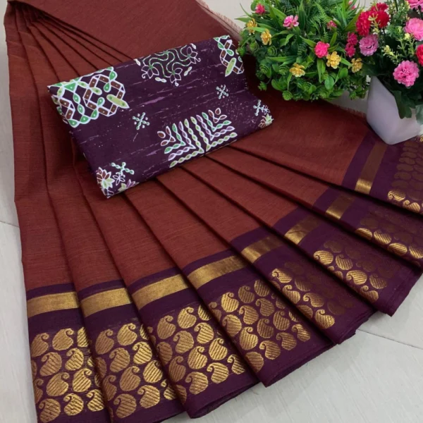 Pure Cotton Saree in Dark Brown Colour