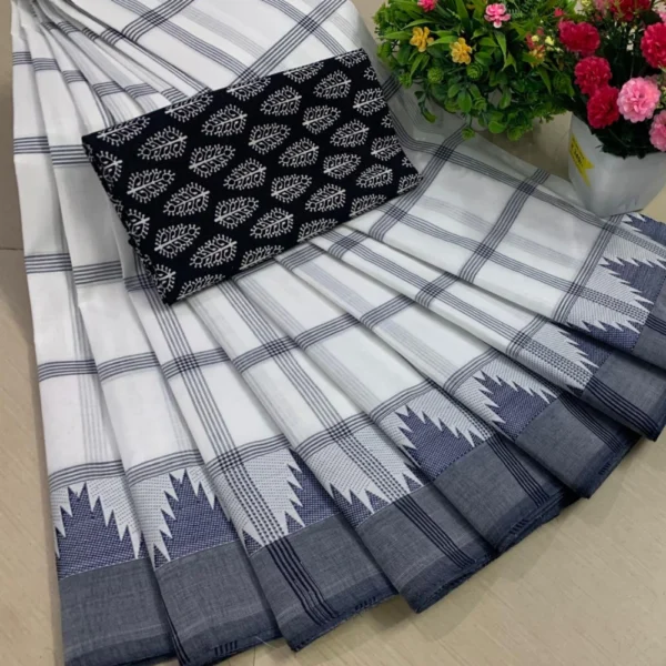 Pure Cotton Saree in White & Black Colour
