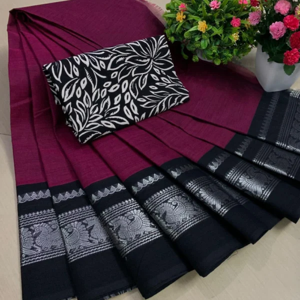 Pure Cotton Saree in Magenta Colour