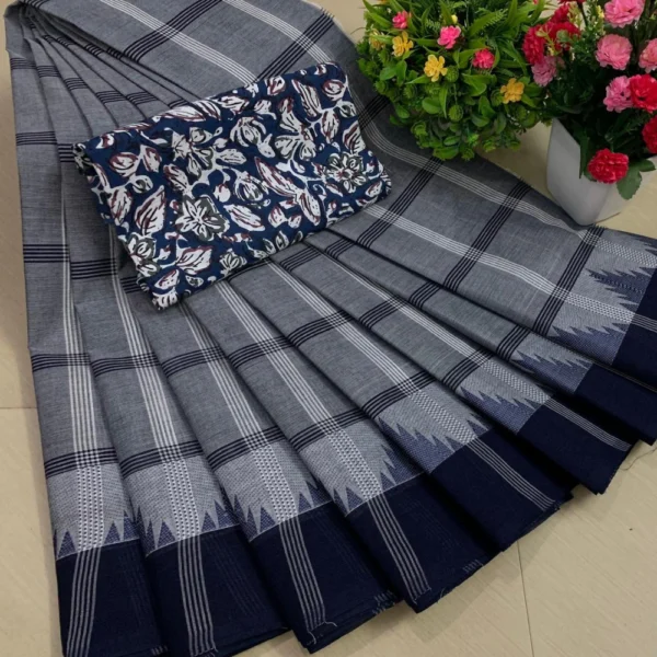 Pure Cotton Saree in Gray & Black Colour