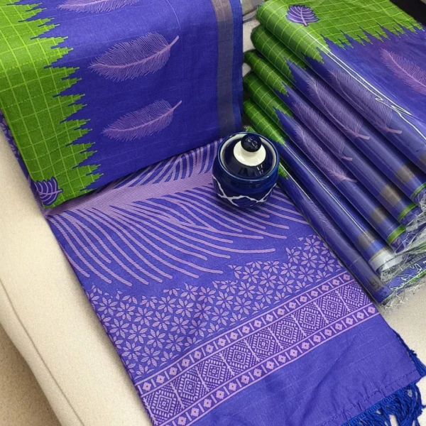 Silkwarm Soft Cotton Saree in Green With Blue