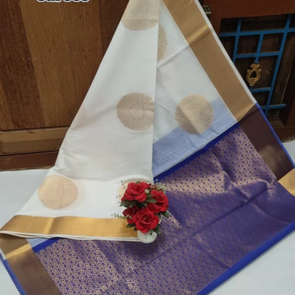 Handloom Silk Cotton Saree in White with Blue