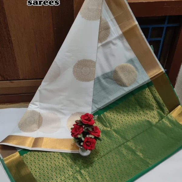 Handloom Silk Cotton Saree in White with Green