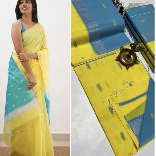 Yellow & Sky Blue Maheshwari Silk Cotton Saree