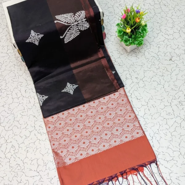 Black & Orange Semi Soft Silk Saree