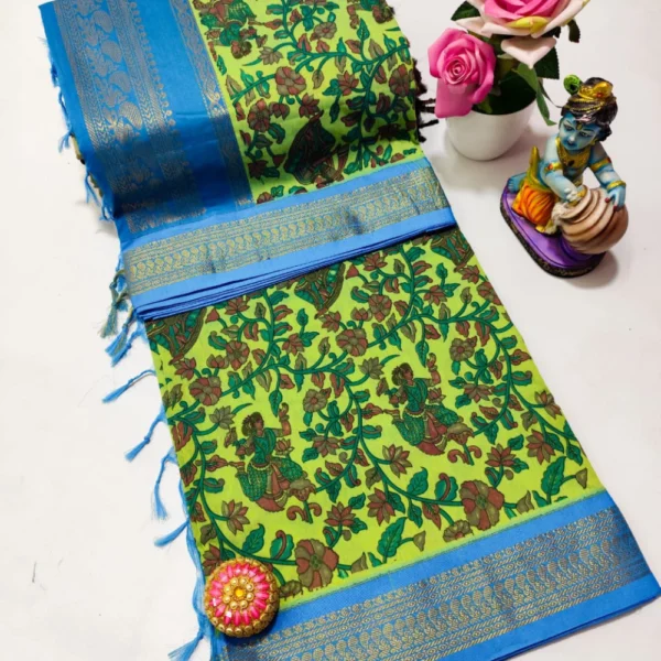 Sky Blue & Green Kalyani Cotton Saree