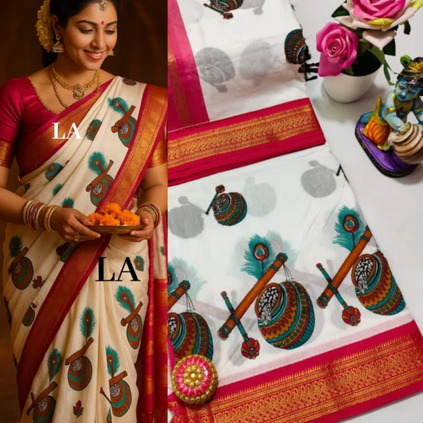 White & Red Kalyani Cotton Saree
