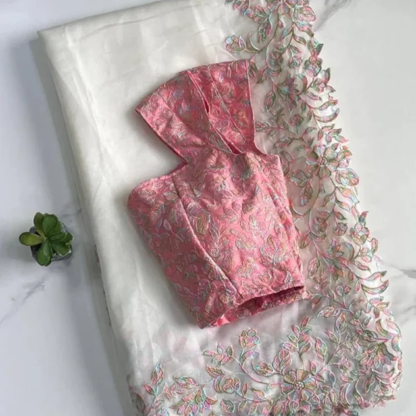 SOFT TABI ORGANZA WITH RICH EMBROIDERY WORK IN WHITE