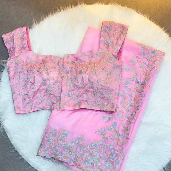 SOFT TABI ORGANZA WITH RICH EMBROIDERY WORK IN PINK