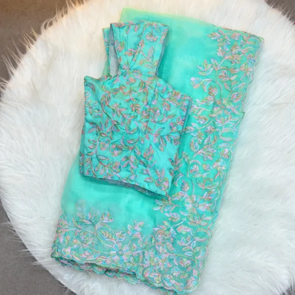 SOFT TABI ORGANZA WITH RICH EMBROIDERY WORK IN OCEAN TEAL