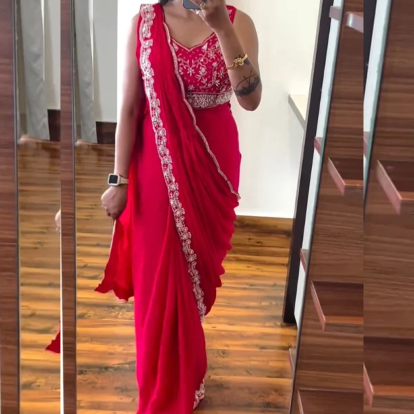 Ready to wear saree (Pink) with Embroidery
