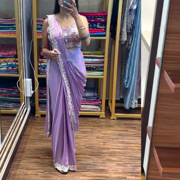 Ready to wear saree (Lavender) with Embroidery