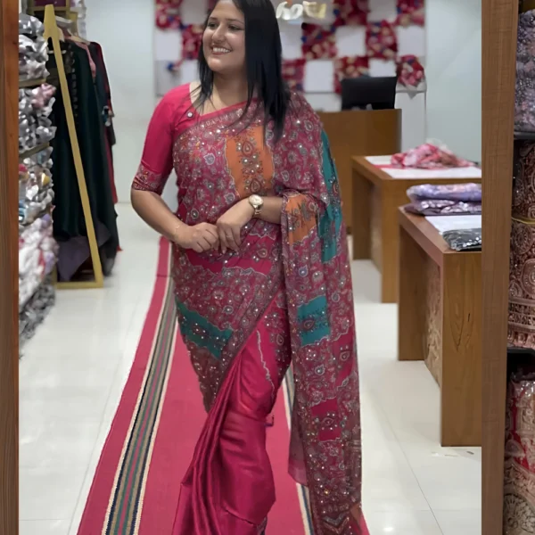 Mirror georgette saree with mosaic digital Print in Pink