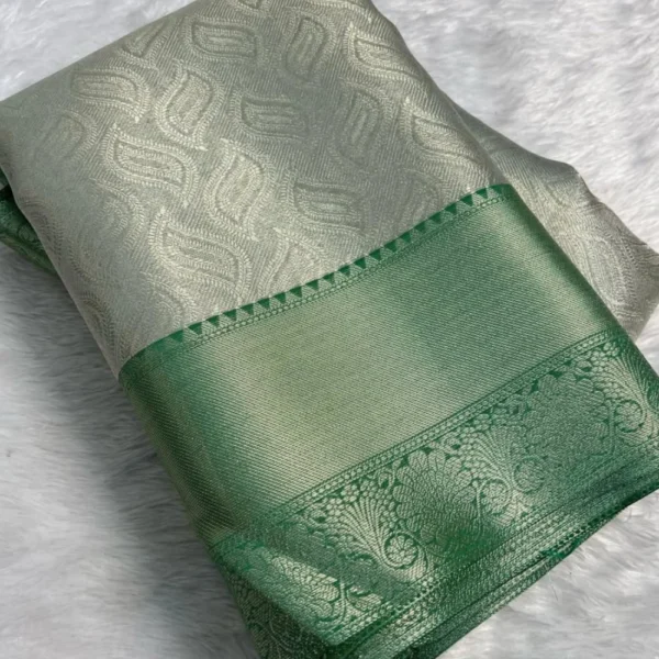 Party wear semi Tissue silk Sarees In Half white with Green Border