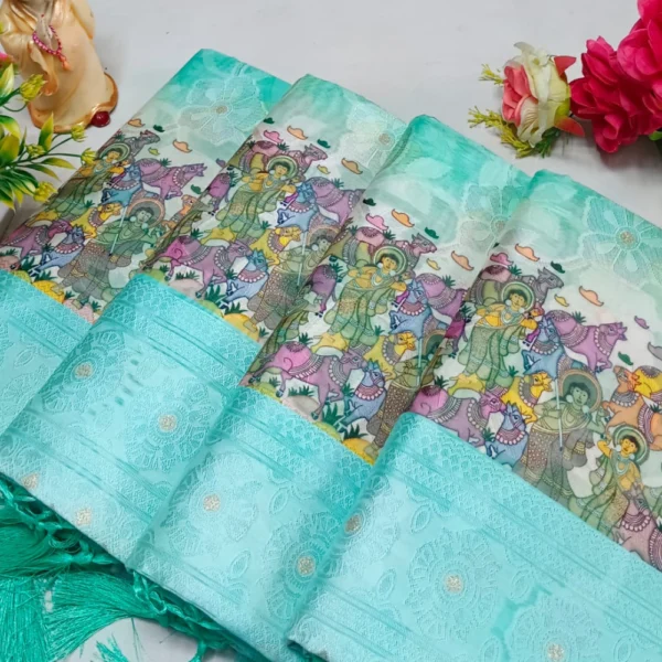 Premium Digital Floral Softy Saree In Teal Blue