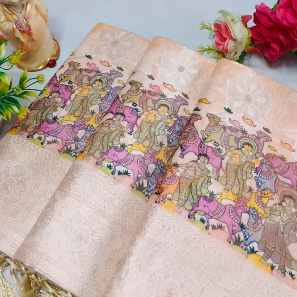 Premium Digital Floral Softy Saree In Peach Sandle Mix