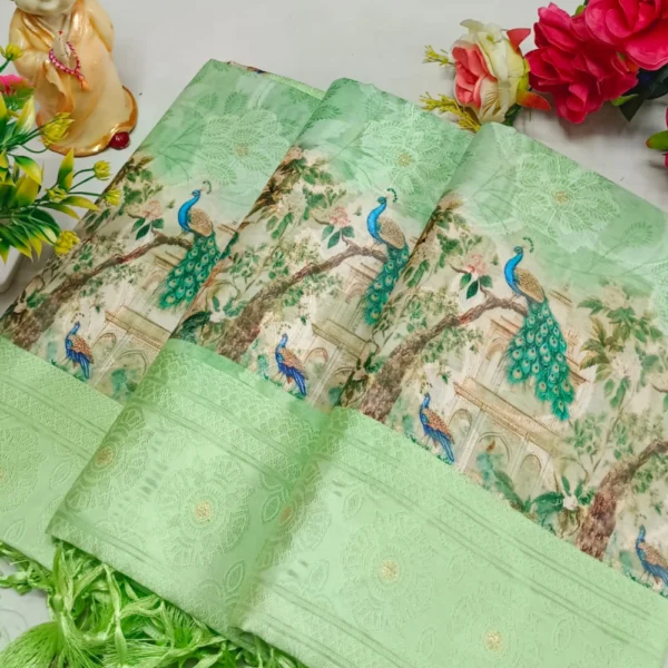 Premium Digital Floral Softy Saree In Lite Green