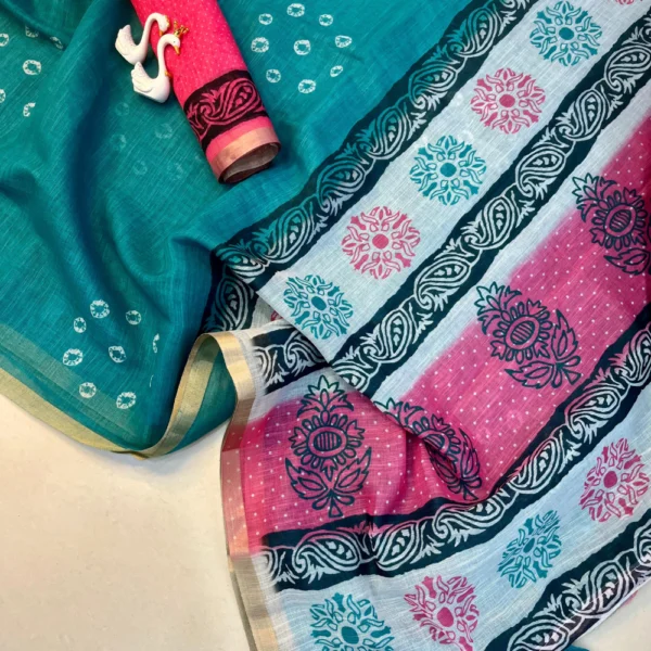 Chanderi Cotton Saree in Teal