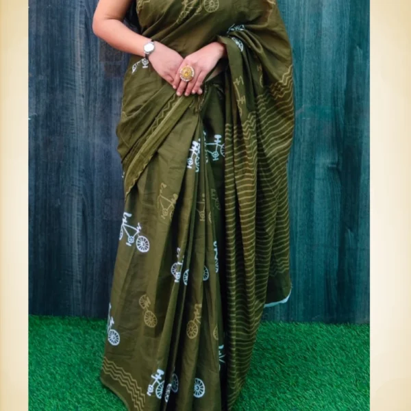 Mul Mul Cotton Saree in Army Green