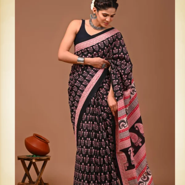 Mul Mul Cotton Saree in Black