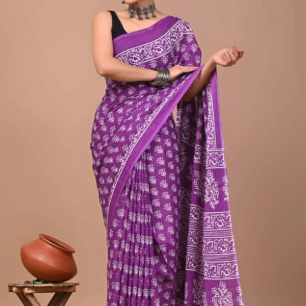 Mul Mul Cotton Saree in Violet