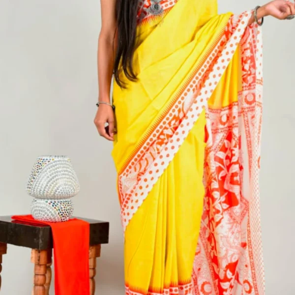 Mul Mul Cotton Saree Yellow with Orange