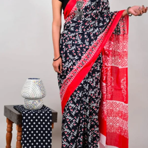 Mul Mul Cotton Saree Black with Red